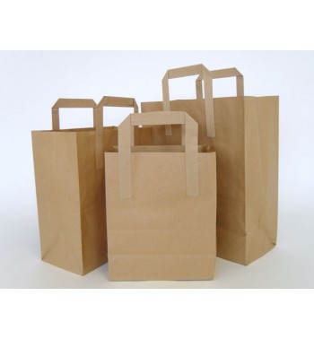 50 Brown Paper Carrier Bags with Flat Handles Kraft Takeaway Bags H29 x L32 x D16